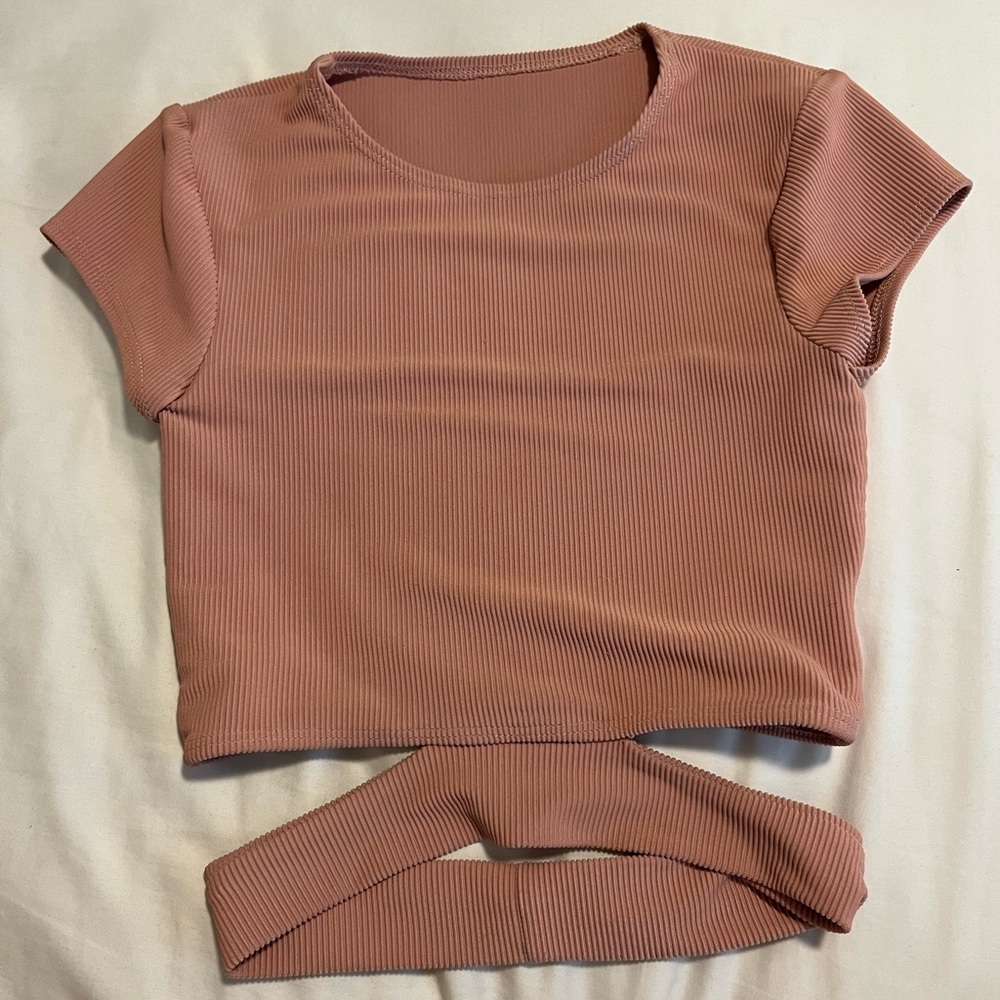 Five Dancewear ribbed pink short sleeve sports bra